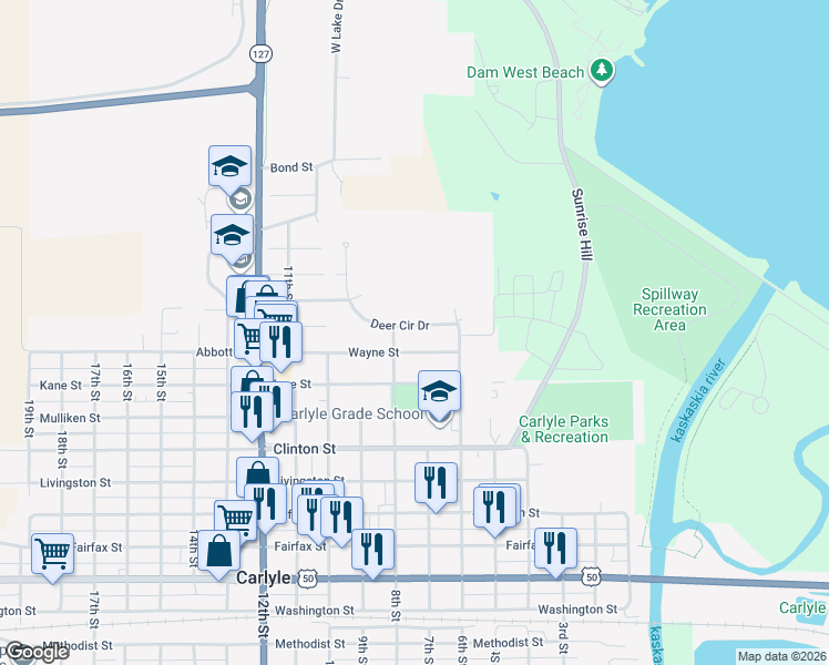 map of restaurants, bars, coffee shops, grocery stores, and more near 750 Deer Circle Drive in Carlyle