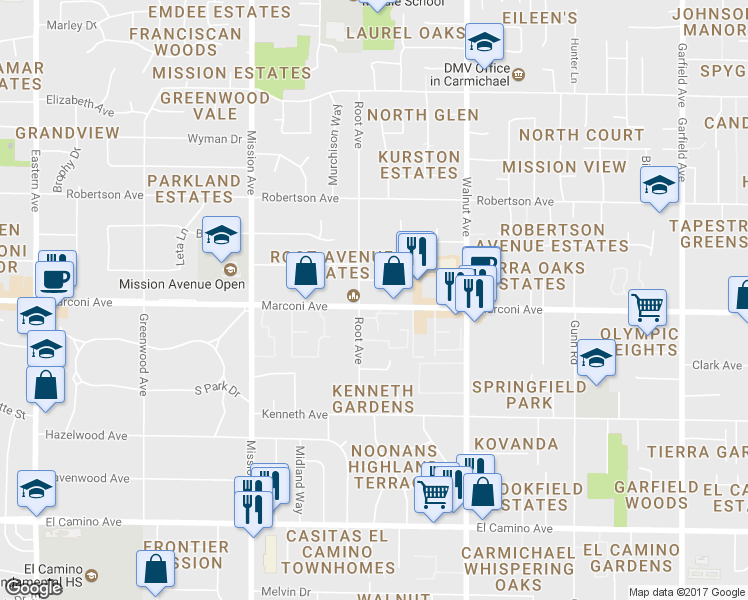 map of restaurants, bars, coffee shops, grocery stores, and more near 4945 Marconi Avenue in Carmichael