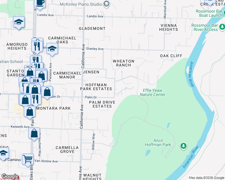 map of restaurants, bars, coffee shops, grocery stores, and more near 6401 Orange Hill Lane in Carmichael