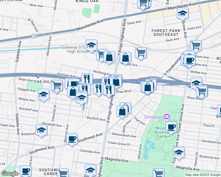 map of restaurants, bars, coffee shops, grocery stores, and more near 1827 South Kingshighway Boulevard in St. Louis