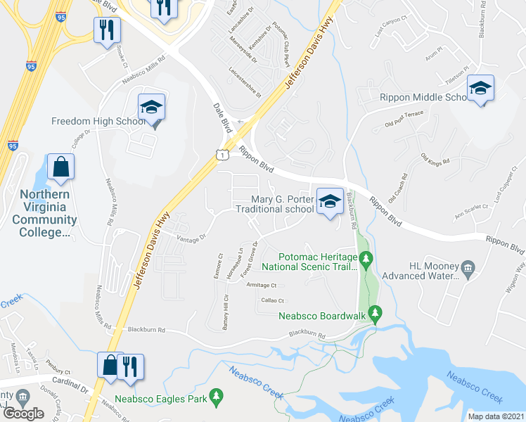 map of restaurants, bars, coffee shops, grocery stores, and more near 15399 Elizabeth Burbage Loop in Woodbridge
