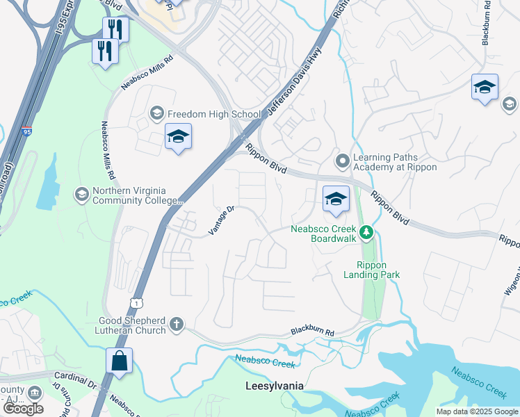 map of restaurants, bars, coffee shops, grocery stores, and more near 15404 Elizabeth Burbage Loop in Woodbridge