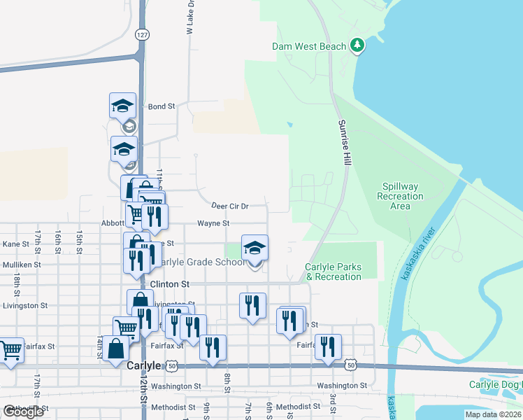 map of restaurants, bars, coffee shops, grocery stores, and more near 610 Deer Circle Drive in Carlyle