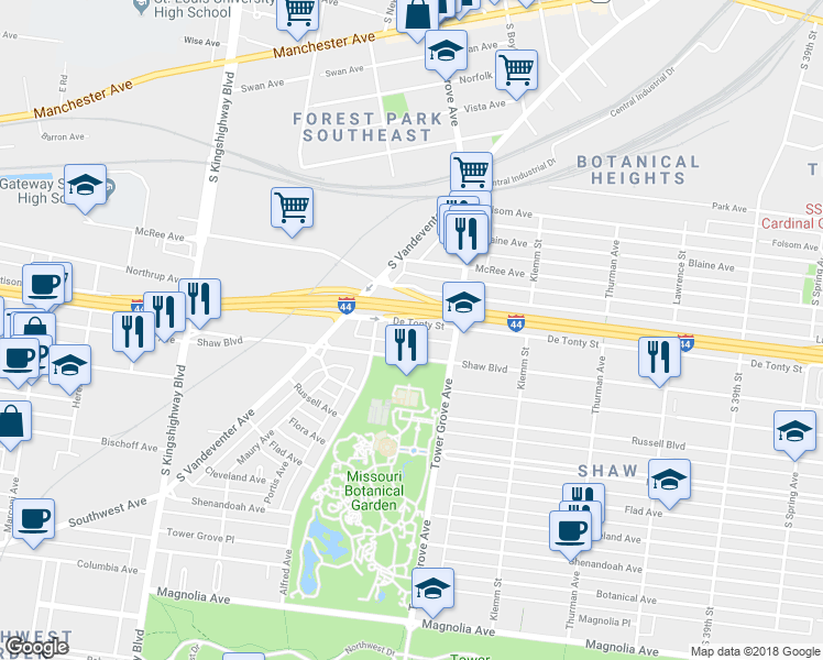 map of restaurants, bars, coffee shops, grocery stores, and more near 4344 De Tonty Street in St. Louis