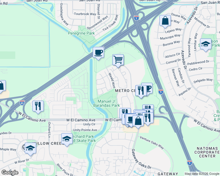 map of restaurants, bars, coffee shops, grocery stores, and more near 2700 Roseau Way in Sacramento