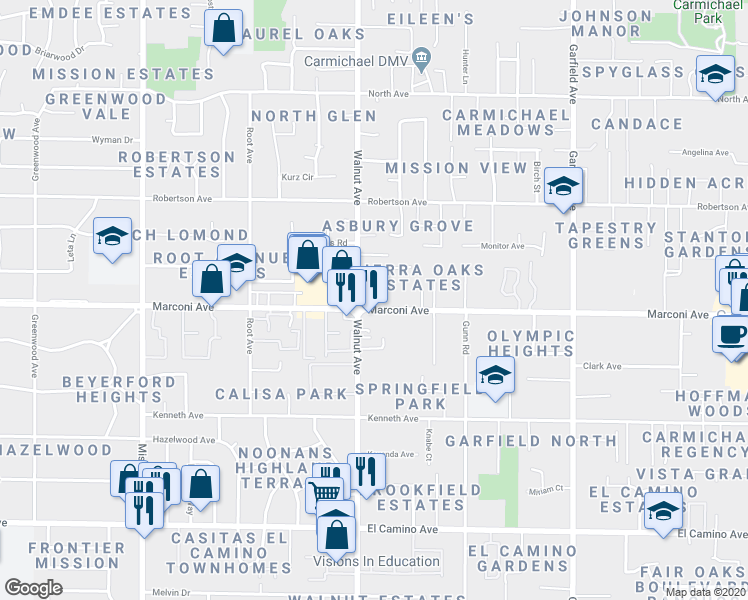map of restaurants, bars, coffee shops, grocery stores, and more near 5101 Marconi Avenue in Carmichael