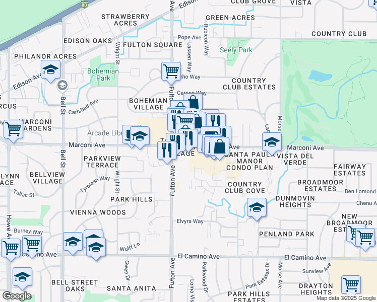 map of restaurants, bars, coffee shops, grocery stores, and more near 2660 Marconi Avenue in Sacramento