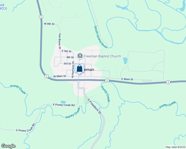 map of restaurants, bars, coffee shops, grocery stores, and more near 204 East Main Street in Freeman