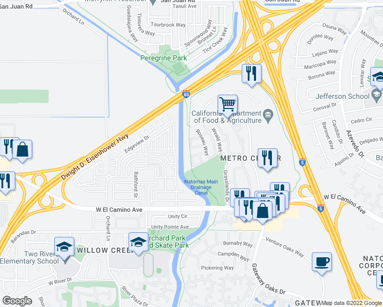 map of restaurants, bars, coffee shops, grocery stores, and more near 57 Rossignol Circle in Sacramento
