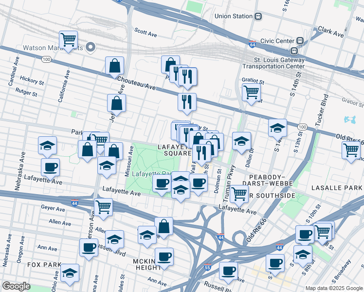 map of restaurants, bars, coffee shops, grocery stores, and more near 2001 Park Avenue in St. Louis