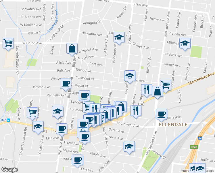 map of restaurants, bars, coffee shops, grocery stores, and more near 7281 Gayola Place in Maplewood