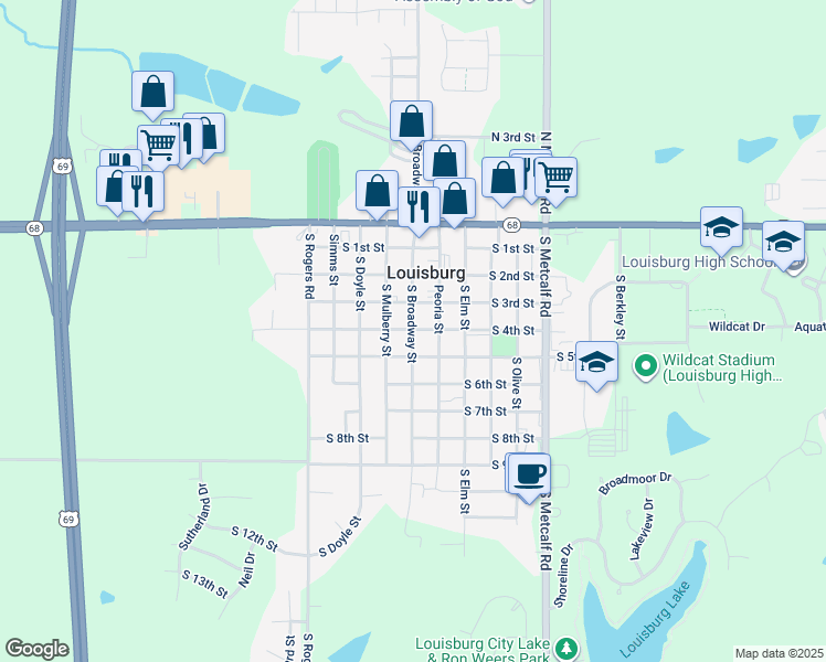 map of restaurants, bars, coffee shops, grocery stores, and more near 402 S Broadway St in Louisburg