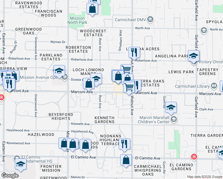 map of restaurants, bars, coffee shops, grocery stores, and more near 4947 Marconi Avenue in Carmichael