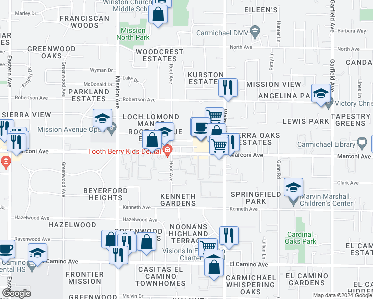 map of restaurants, bars, coffee shops, grocery stores, and more near 4945 Marconi Avenue in Carmichael