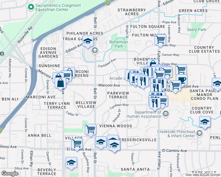 map of restaurants, bars, coffee shops, grocery stores, and more near 2871 Herbert Way in Sacramento