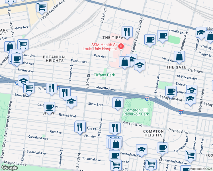 map of restaurants, bars, coffee shops, grocery stores, and more near 3661 Lafayette Avenue in St. Louis
