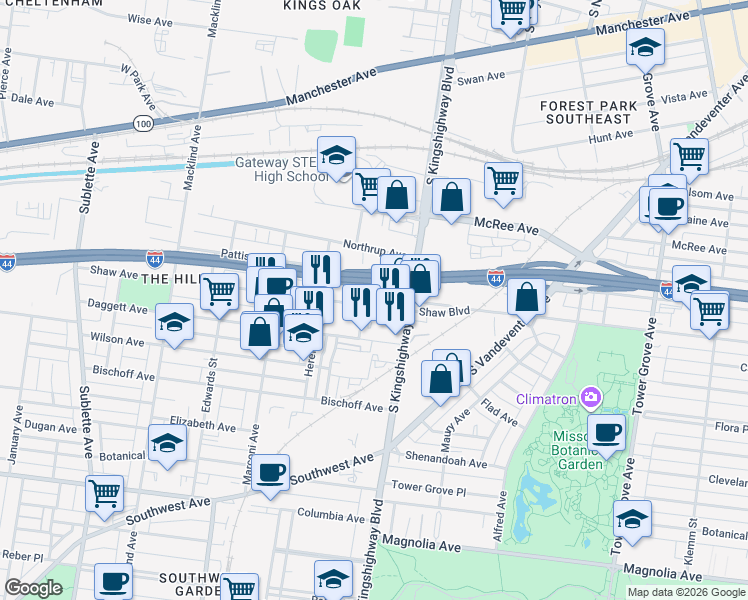 map of restaurants, bars, coffee shops, grocery stores, and more near 4940 Shaw Avenue in St. Louis