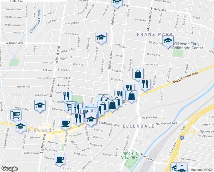map of restaurants, bars, coffee shops, grocery stores, and more near 2317 Bellevue Avenue in Maplewood