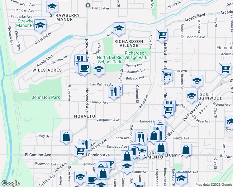 map of restaurants, bars, coffee shops, grocery stores, and more near 2741 Fairfield Street in Sacramento