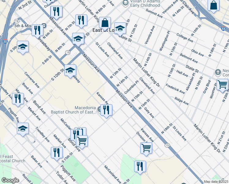 map of restaurants, bars, coffee shops, grocery stores, and more near 14 North 14th Street in East St. Louis
