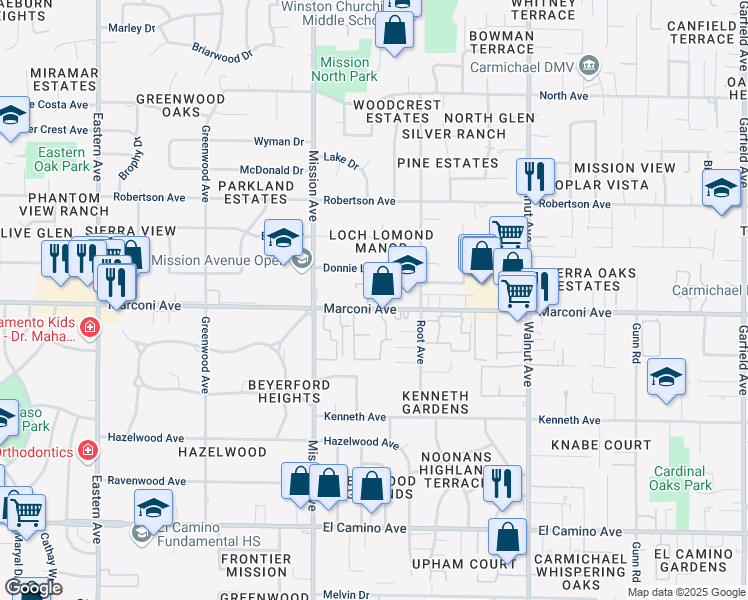 map of restaurants, bars, coffee shops, grocery stores, and more near 4801 Marconi Avenue in Carmichael