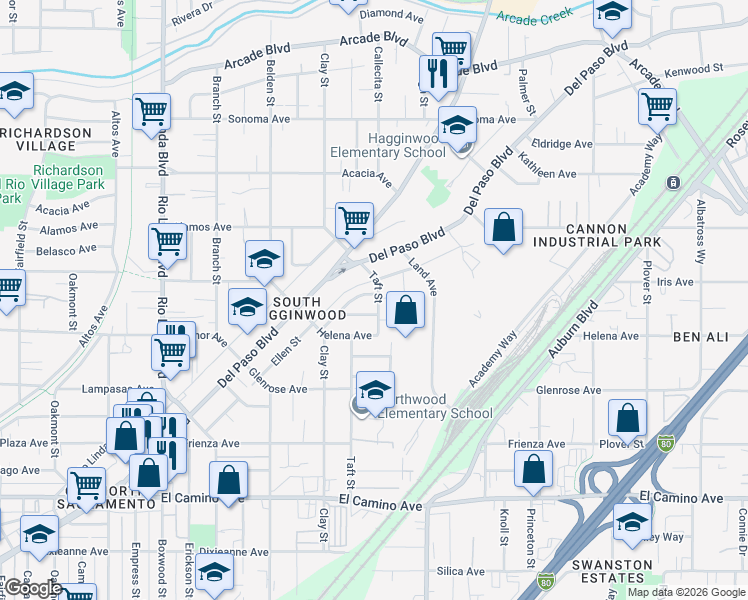 map of restaurants, bars, coffee shops, grocery stores, and more near 1241 Browning Drive in Sacramento