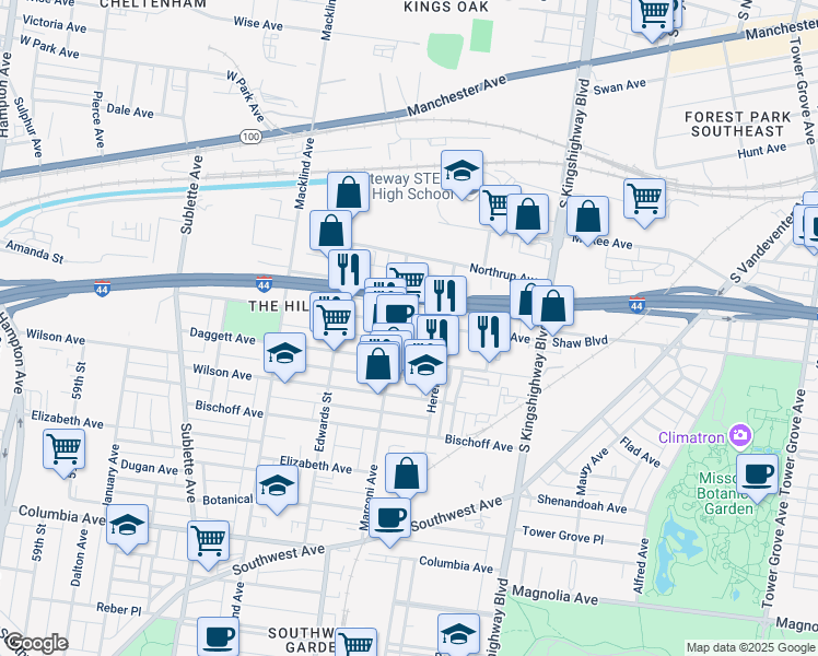 map of restaurants, bars, coffee shops, grocery stores, and more near 5124 Shaw Avenue in St. Louis