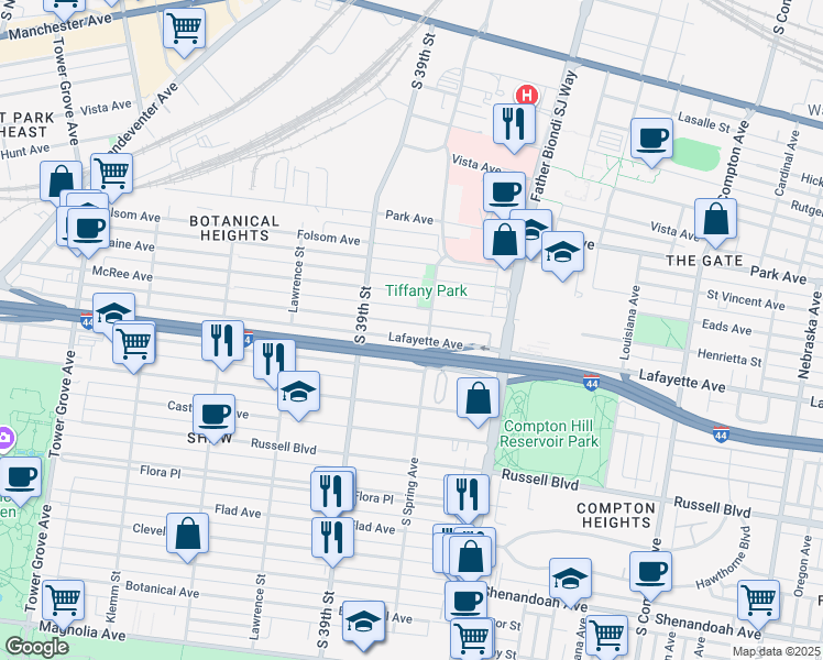 map of restaurants, bars, coffee shops, grocery stores, and more near 3817 Lafayette Avenue in St. Louis