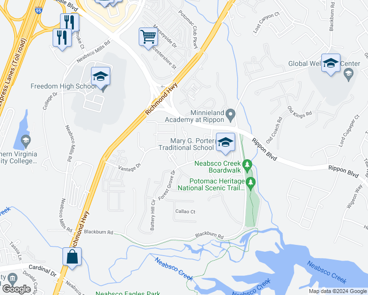 map of restaurants, bars, coffee shops, grocery stores, and more near 15368 Gatehouse Terrace in Woodbridge
