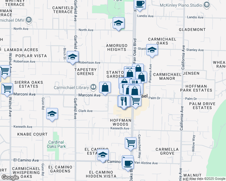 map of restaurants, bars, coffee shops, grocery stores, and more near 5707 Marconi Avenue in Carmichael
