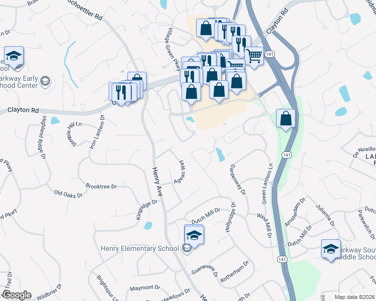 map of restaurants, bars, coffee shops, grocery stores, and more near 711 Penny Court in Ballwin
