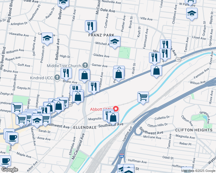 map of restaurants, bars, coffee shops, grocery stores, and more near 6837 Missouri 100 in St. Louis