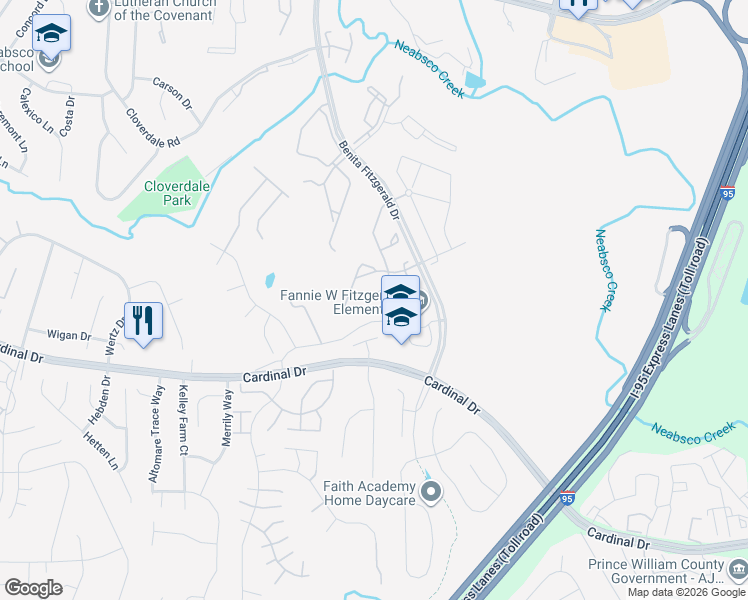 map of restaurants, bars, coffee shops, grocery stores, and more near 15437 Binder Court in Woodbridge