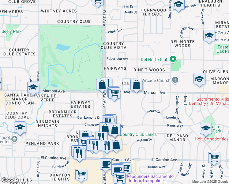 map of restaurants, bars, coffee shops, grocery stores, and more near 3521 Marconi Avenue in Sacramento