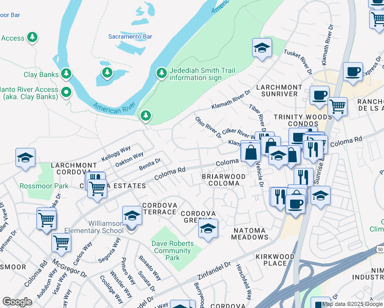 map of restaurants, bars, coffee shops, grocery stores, and more near 1625 Klamath River Drive in Rancho Cordova