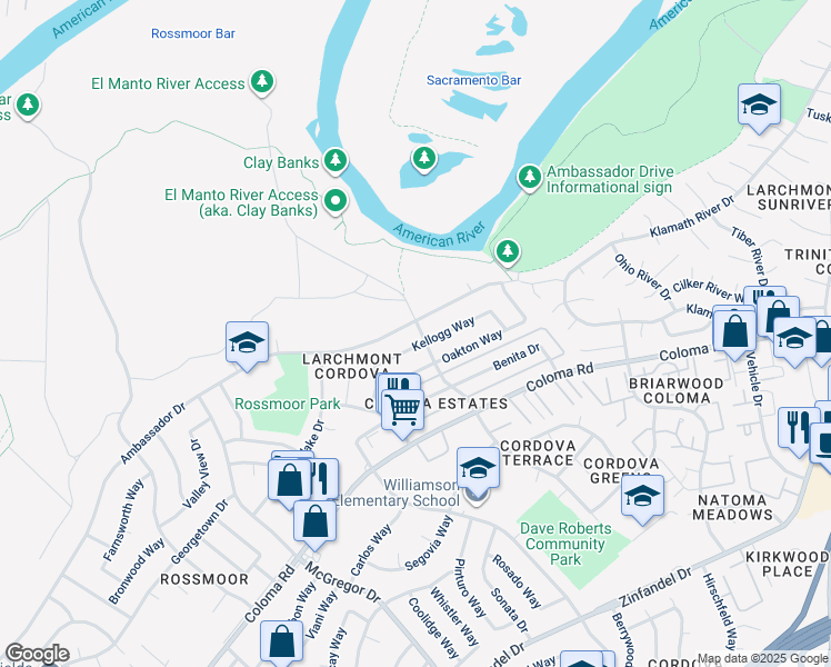 map of restaurants, bars, coffee shops, grocery stores, and more near 2092 El Manto Drive in Rancho Cordova
