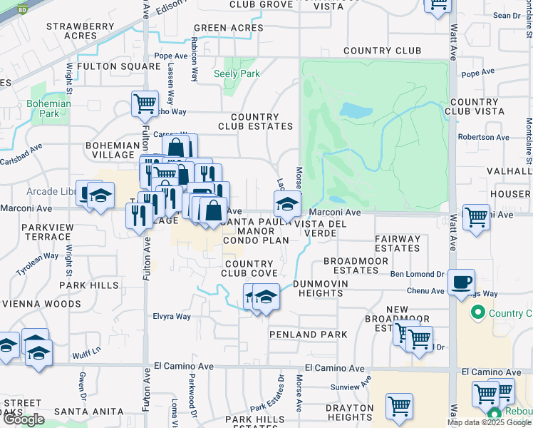 map of restaurants, bars, coffee shops, grocery stores, and more near 3020 Marconi Avenue in Sacramento