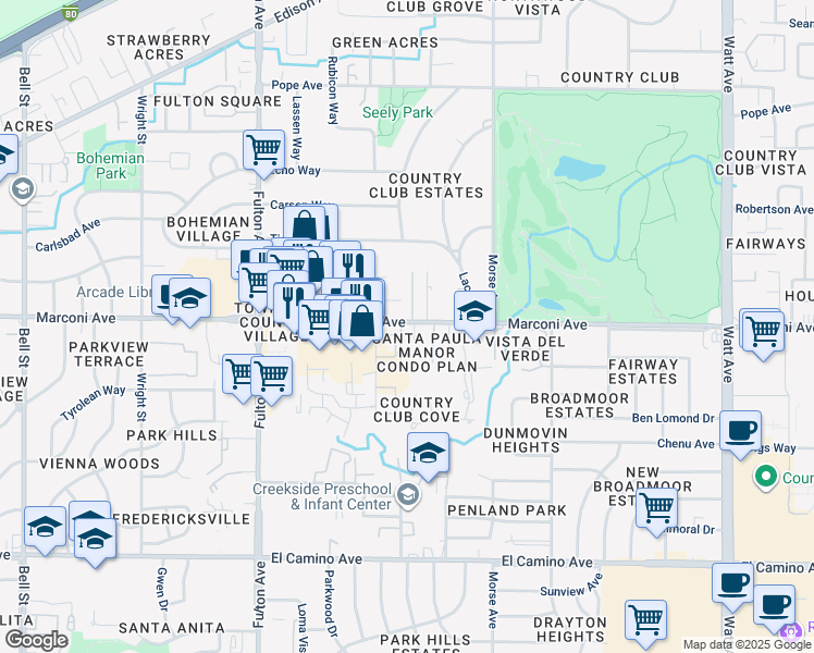 map of restaurants, bars, coffee shops, grocery stores, and more near 2873 Santa Paula Court in Sacramento