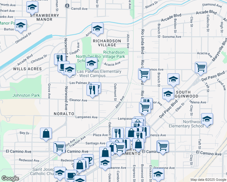 map of restaurants, bars, coffee shops, grocery stores, and more near 2749 Oakmont Street in Sacramento