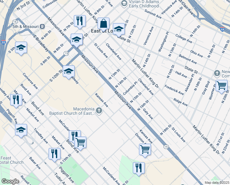 map of restaurants, bars, coffee shops, grocery stores, and more near 14 North 14th Street in East St. Louis