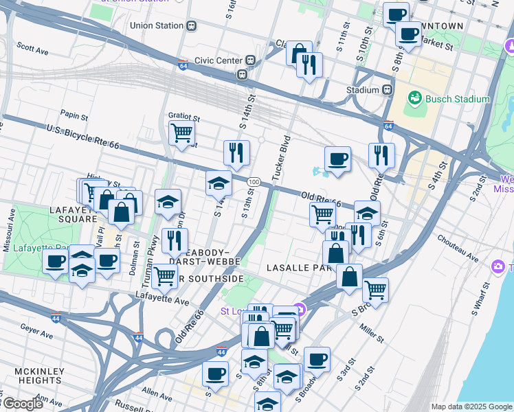 map of restaurants, bars, coffee shops, grocery stores, and more near 1111 South Tucker Boulevard in St. Louis