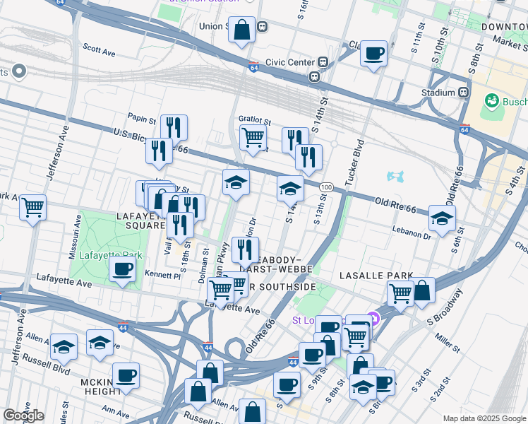 map of restaurants, bars, coffee shops, grocery stores, and more near 1200-1212 Dillon Drive in St. Louis