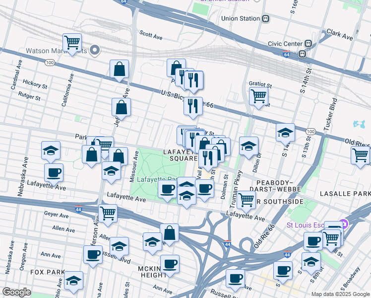 map of restaurants, bars, coffee shops, grocery stores, and more near 2001 Park Avenue in St. Louis