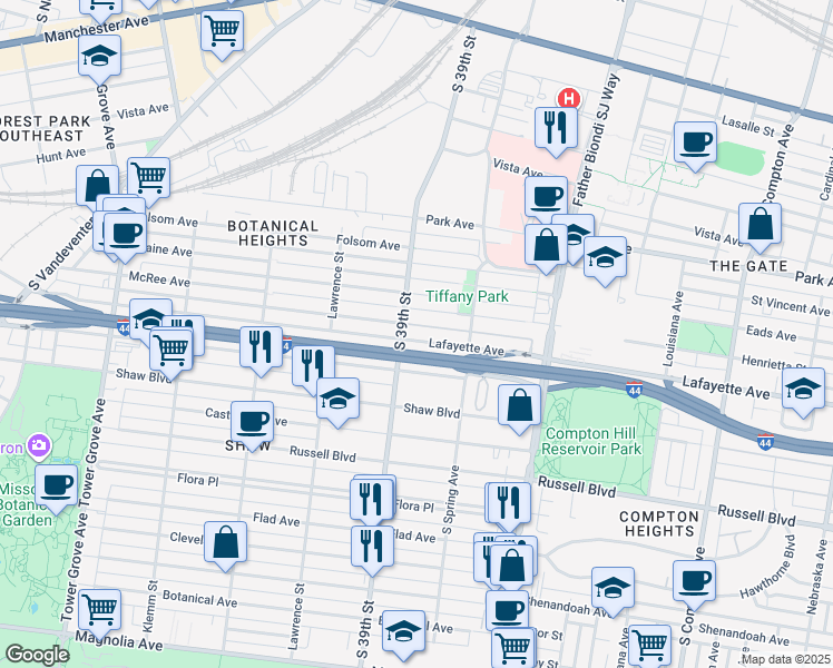 map of restaurants, bars, coffee shops, grocery stores, and more near 3857 Lafayette Avenue in St. Louis