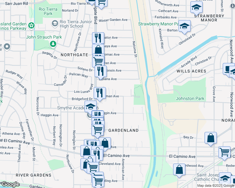 map of restaurants, bars, coffee shops, grocery stores, and more near 442 Bowman Avenue in Sacramento