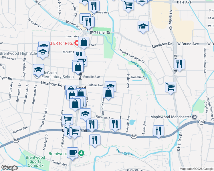 map of restaurants, bars, coffee shops, grocery stores, and more near 8670 Eulalie Avenue in Brentwood