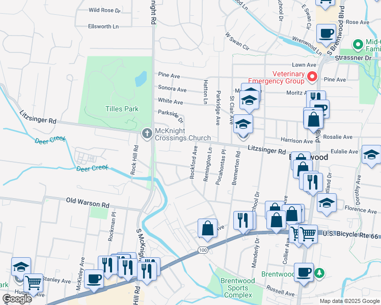map of restaurants, bars, coffee shops, grocery stores, and more near 2423 Rockford Avenue in St. Louis