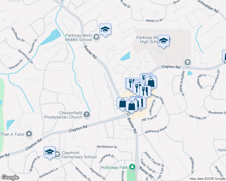map of restaurants, bars, coffee shops, grocery stores, and more near 2418 Baxton Way in Chesterfield