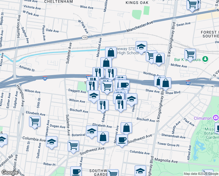 map of restaurants, bars, coffee shops, grocery stores, and more near 1920 Edwards Street in St. Louis