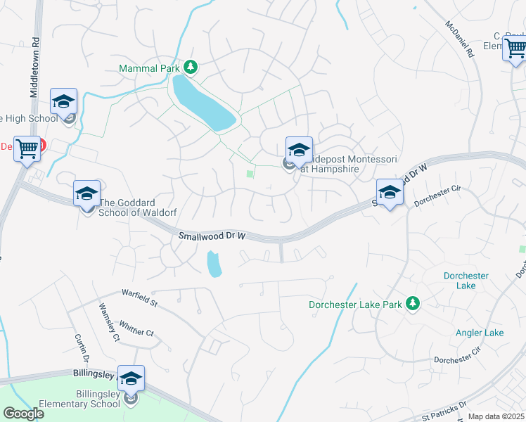 map of restaurants, bars, coffee shops, grocery stores, and more near 6311 Beluga Court in Waldorf